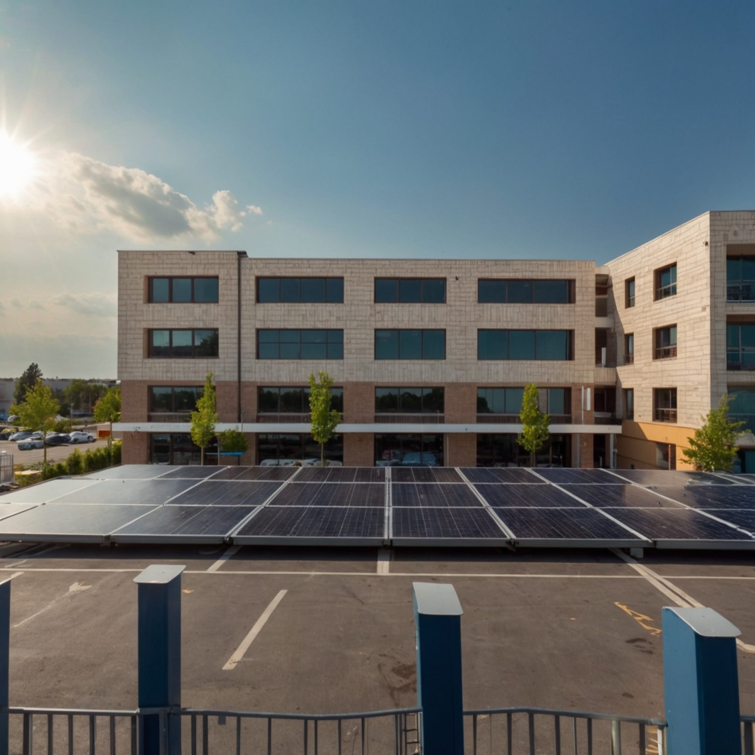 Ombrière photovoltaïque de parking devant un bâtiment tertiaire